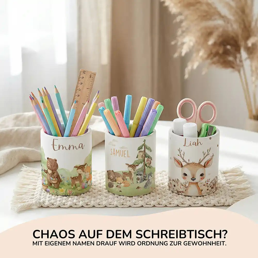 Personalisierte Spardose Waldszene V – Keramik & Bambus mit Wunschname