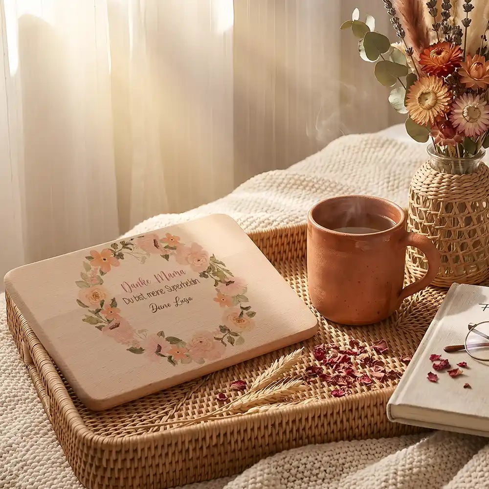 Personalisiertes Frühstücksbrettchen Muttertag Danke Mama Rosenkranz – Motiv-Detail in Naturholz
