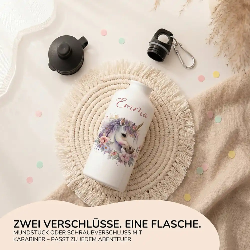 Personalisierte Trinkflasche Kinder Einhorn Blumenkranz – Alu für Schule, Sport & Ausflug