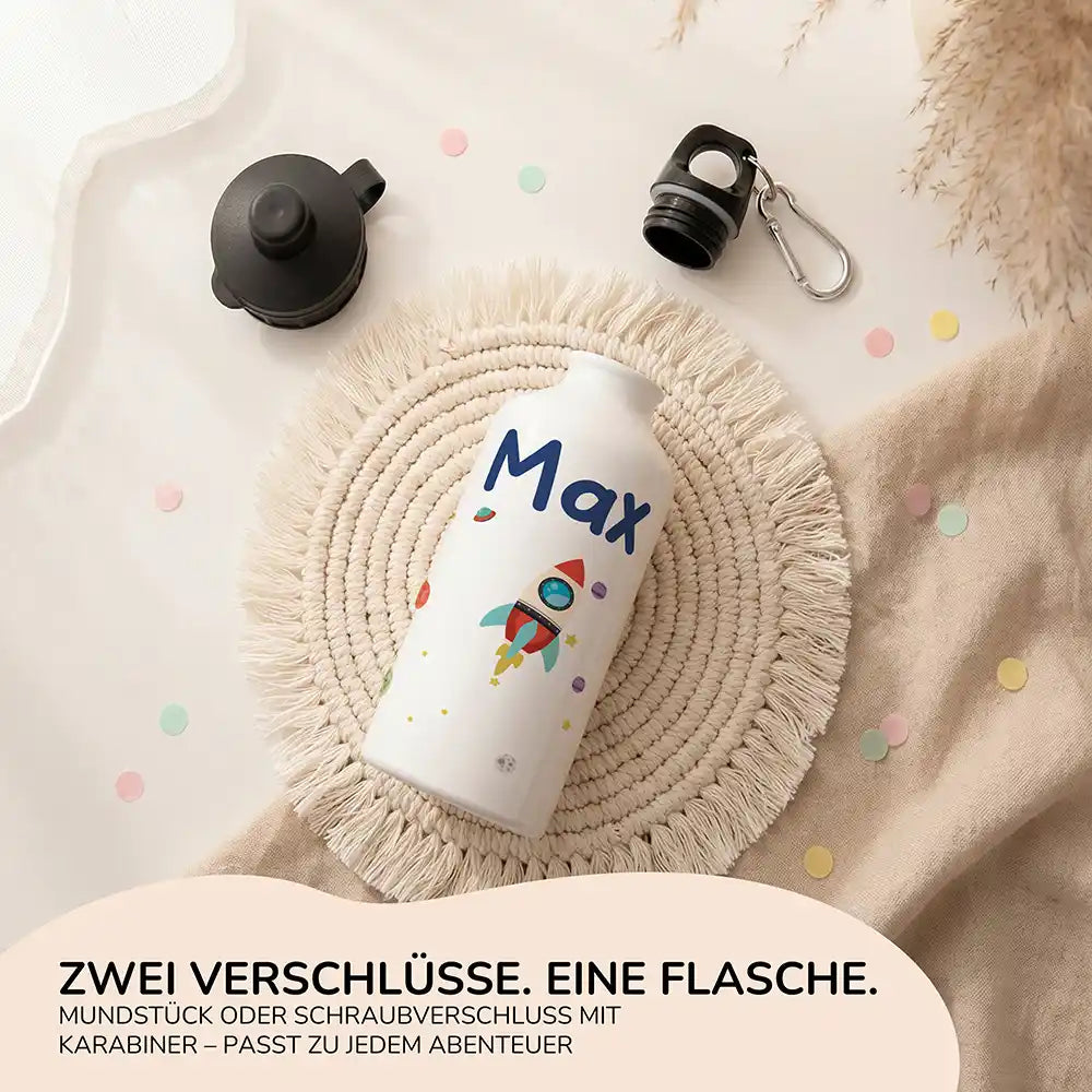 Personalisierte Trinkflasche Kinder Rakete Weltall – Alu für Schule, Sport & Ausflug