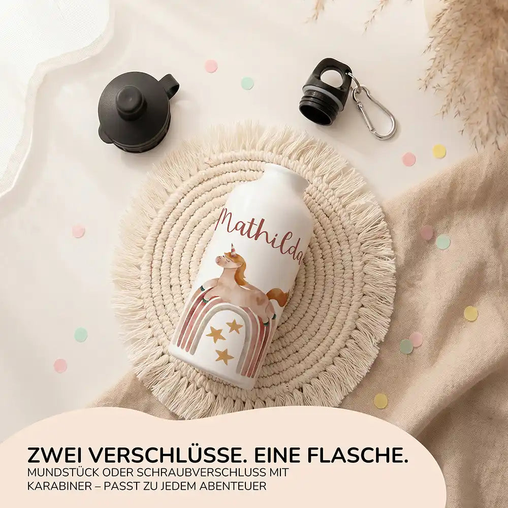 Personalisierte Trinkflasche Kinder Einhorn Boho-Regenbogen – Alu für Schule, Sport & Ausflug