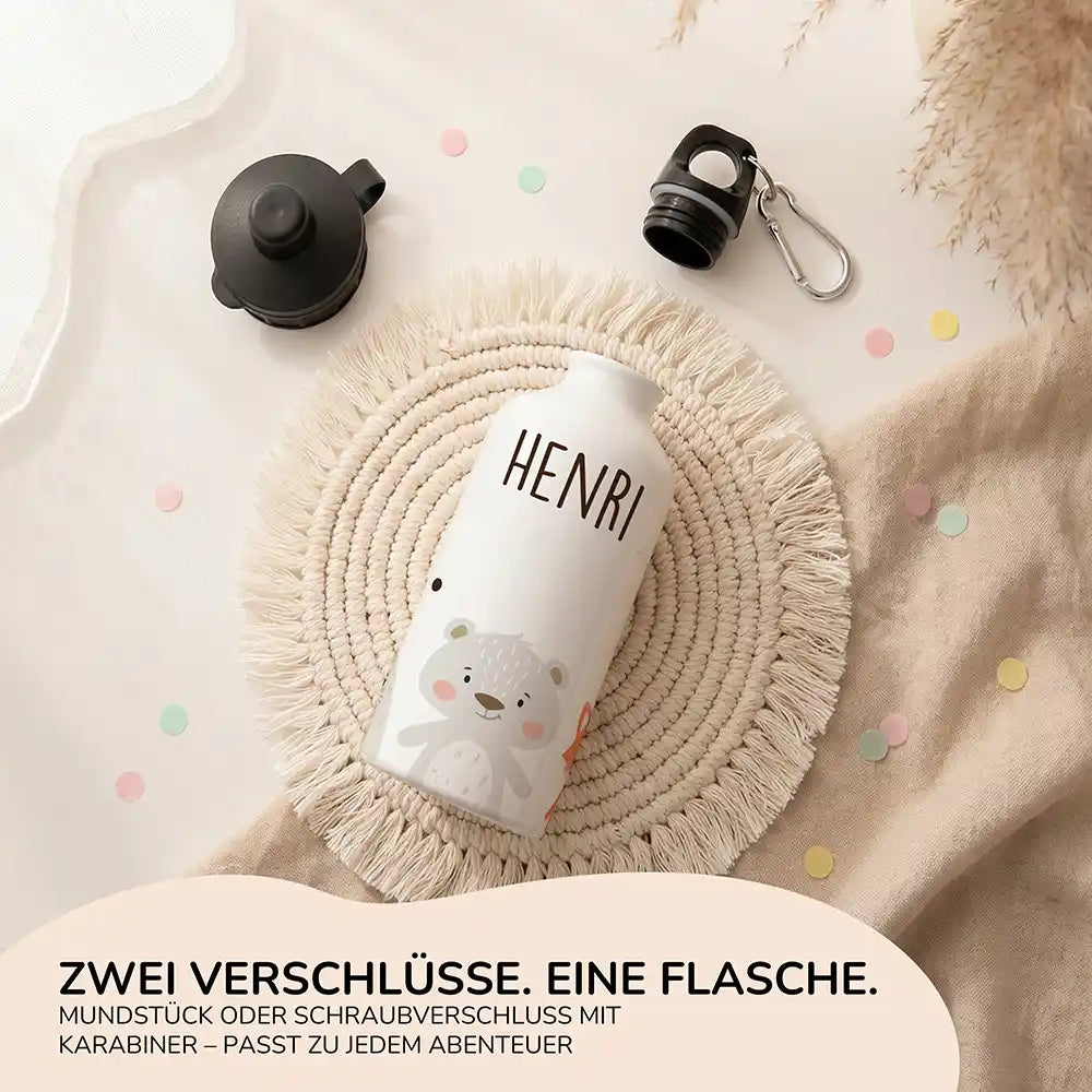 Personalisierte Trinkflasche Kinder BĂ€r & Fuchs â Alu fĂŒr Schule, Sport & Ausflug