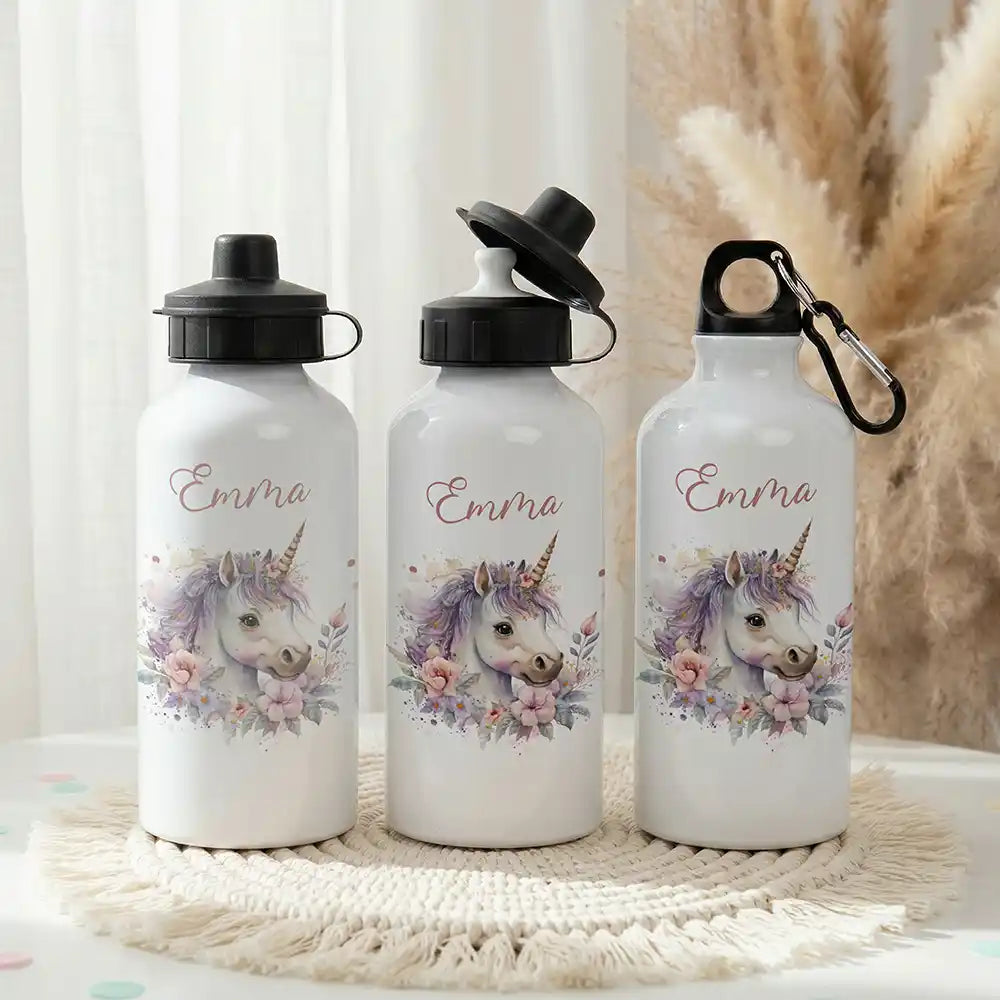 Personalisierte Trinkflasche Kinder Einhorn Blumenkranz – Einschulungs-Set mit Brotdose