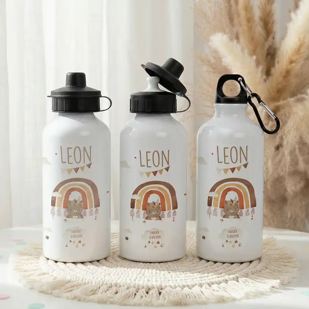 Personalisierte Trinkflasche Kinder BĂ€r Regenbogen Schulkind â Einschulungs-Set mit Brotdose