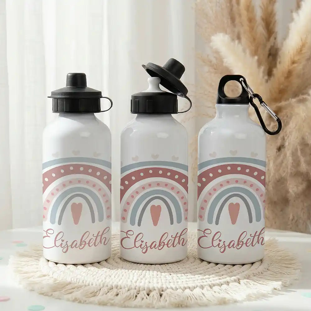 Personalisierte Trinkflasche Kinder Boho-Regenbogen Herzen – Einschulungs-Set mit Brotdose