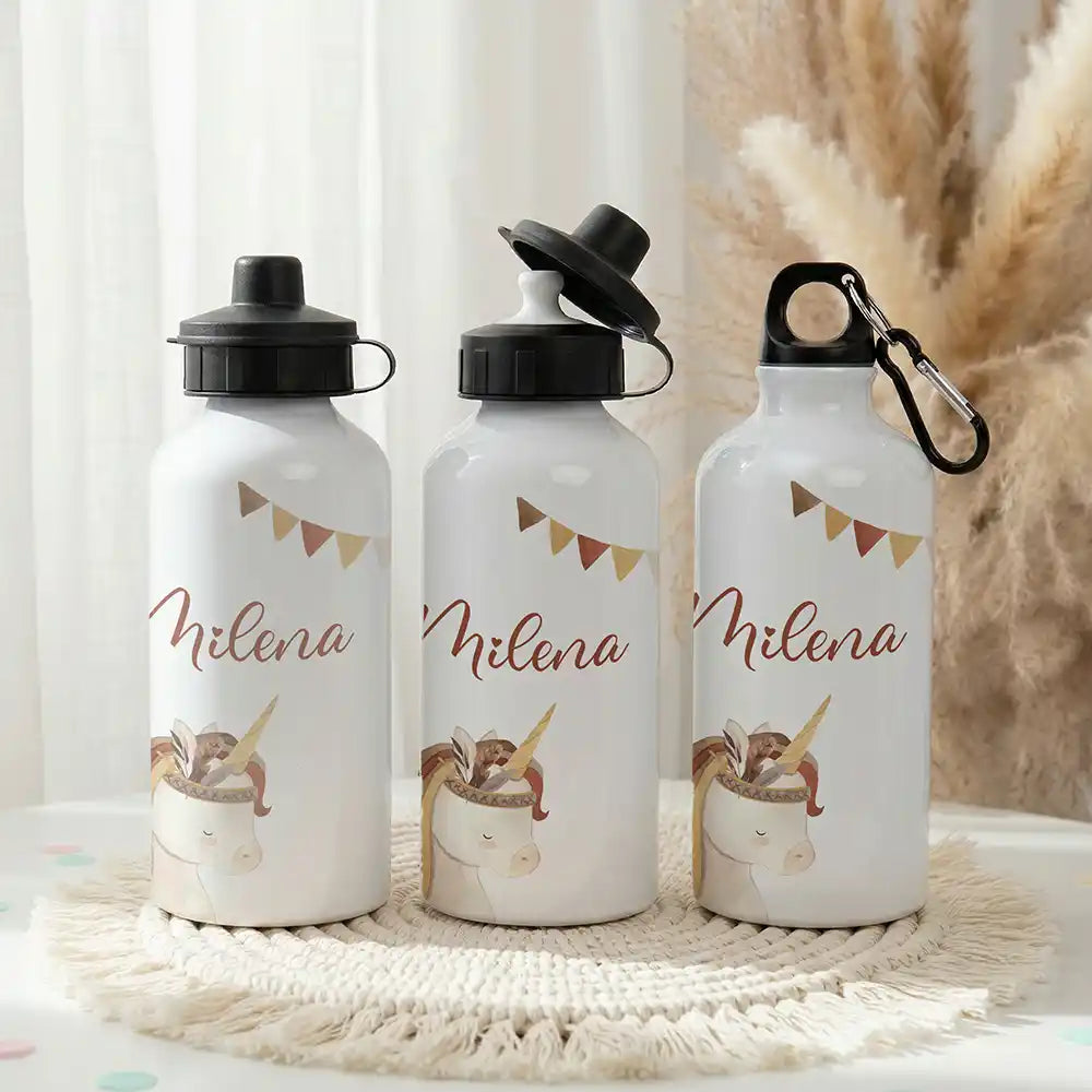 Personalisierte Trinkflasche Kinder Einhorn Indianer – Einschulungs-Set mit Brotdose