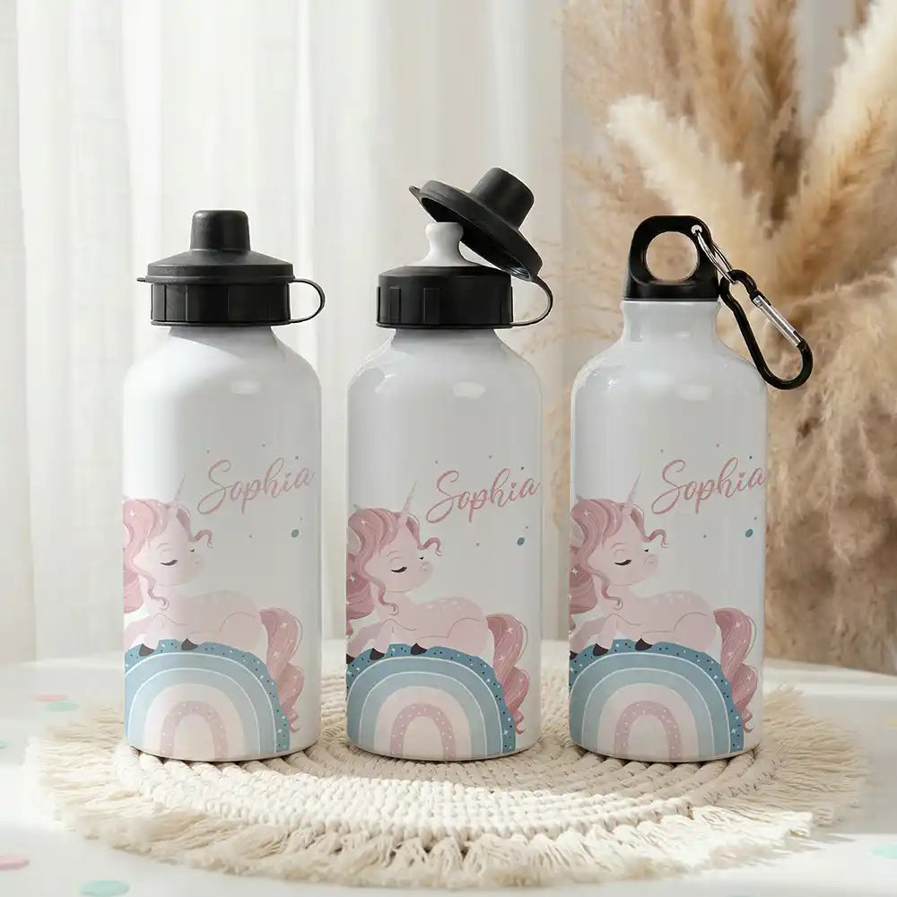 Personalisierte Trinkflasche Kinder Einhorn Rosa Regenbogen – Einschulungs-Set mit Brotdose