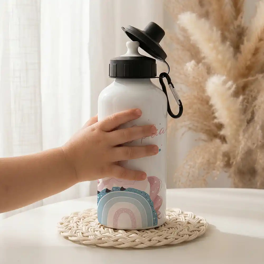 Personalisierte Trinkflasche Kinder Einhorn Rosa Regenbogen – Mundstück & Schraubverschluss Detail