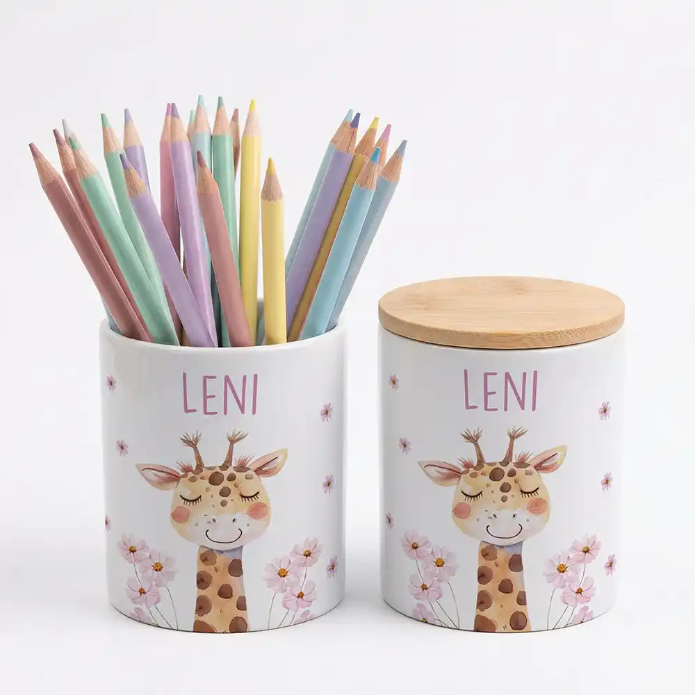Personalisierte Keksdose Giraffe Blumen - Geschenk zur Taufe, Geburt, Einschulung
