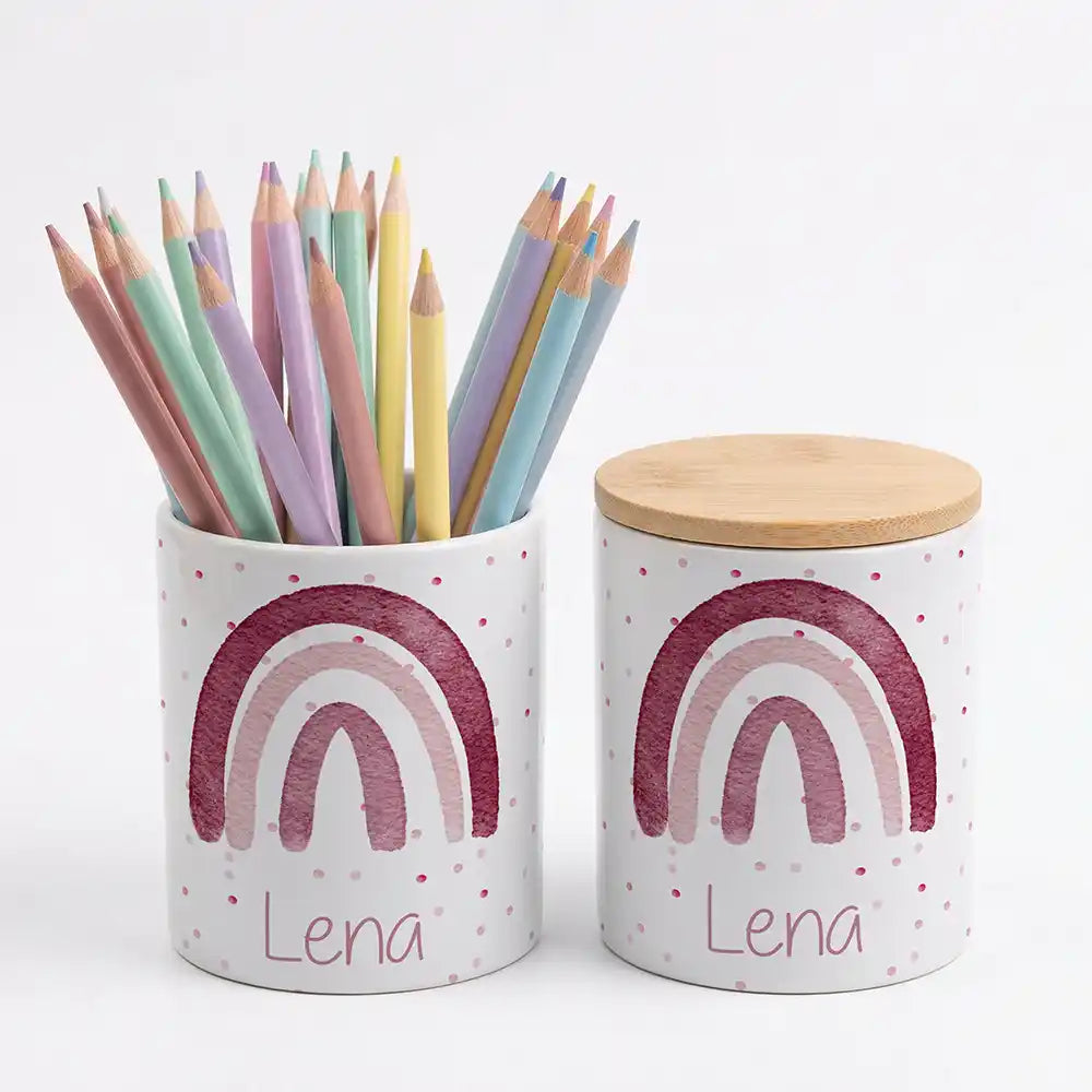 Personalisierte Keksdose Regenbogen Rosa - Geschenk zur Taufe, Geburt, Einschulung