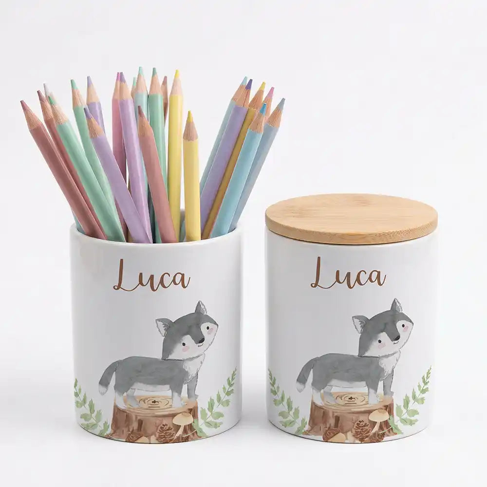 Personalisierte Keksdose Wolf Wald - Geschenk zur Taufe, Geburt, Einschulung