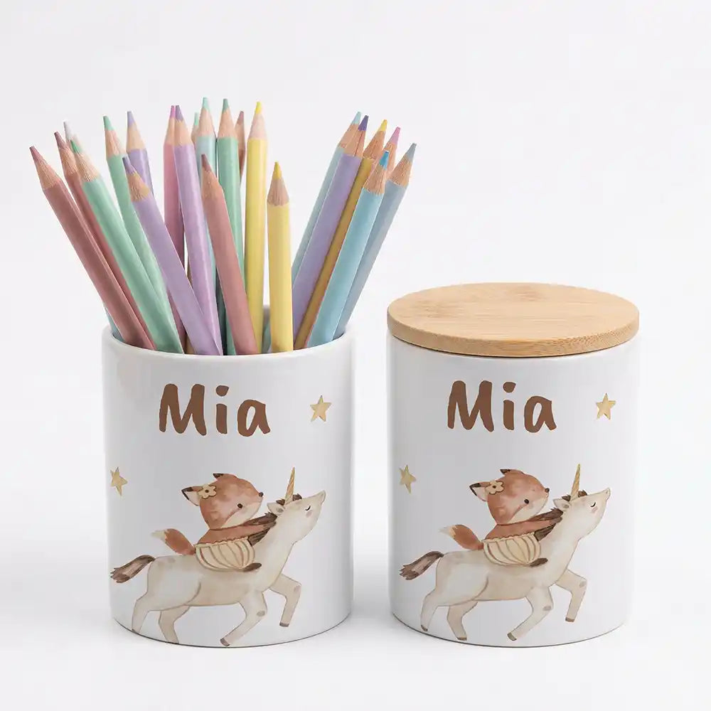 Personalisierte Keksdose Fuchs & Einhorn - Geschenk zur Taufe, Geburt, Einschulung