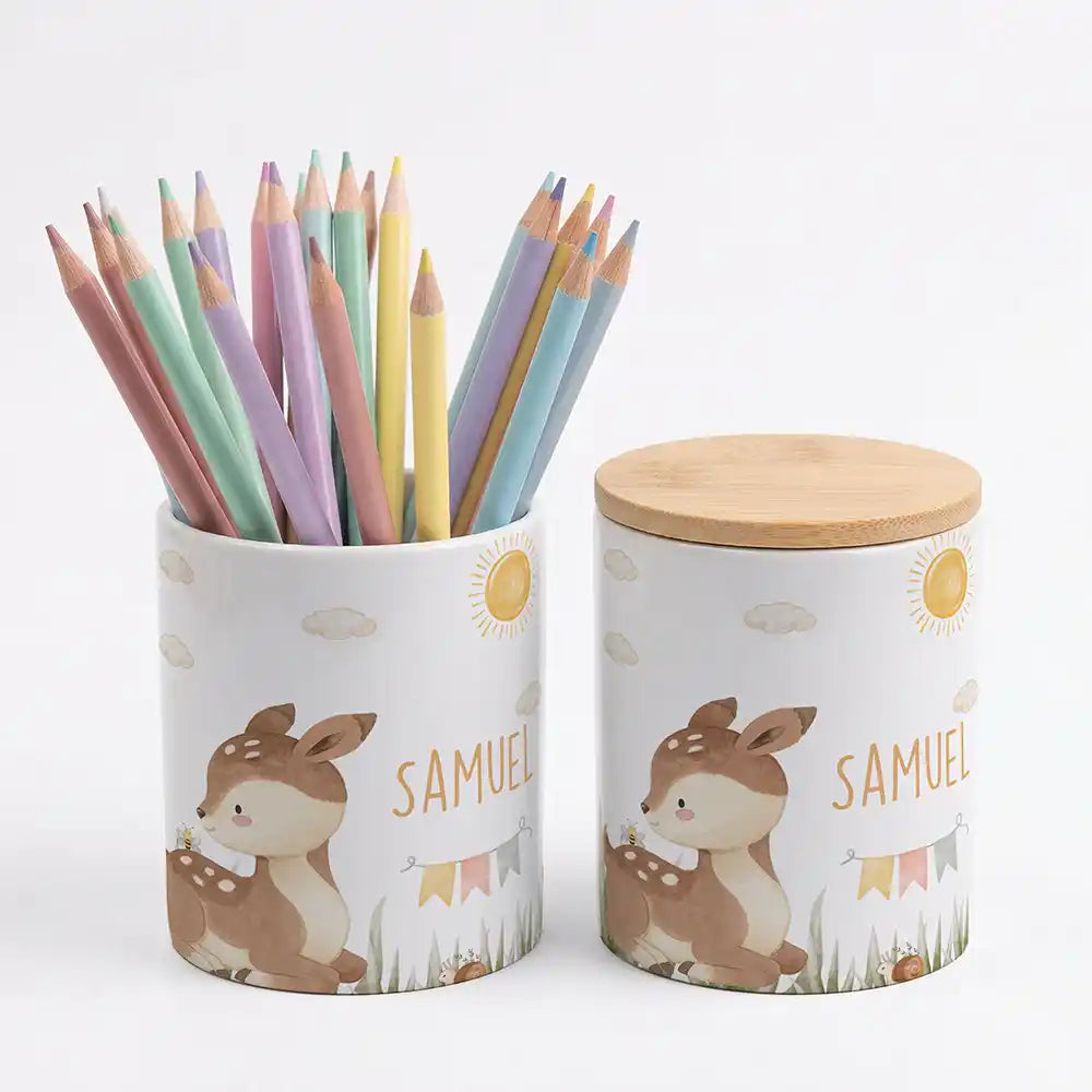 Personalisierte Keksdose Rehkitz Sonne - Geschenk zur Taufe, Geburt, Einschulung
