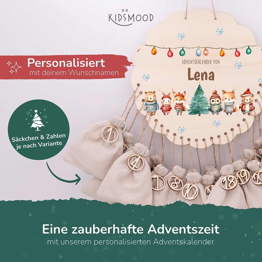 Personalisierter runder Adventskalender Kinder aus Holz - Niedliche Waldfreunde