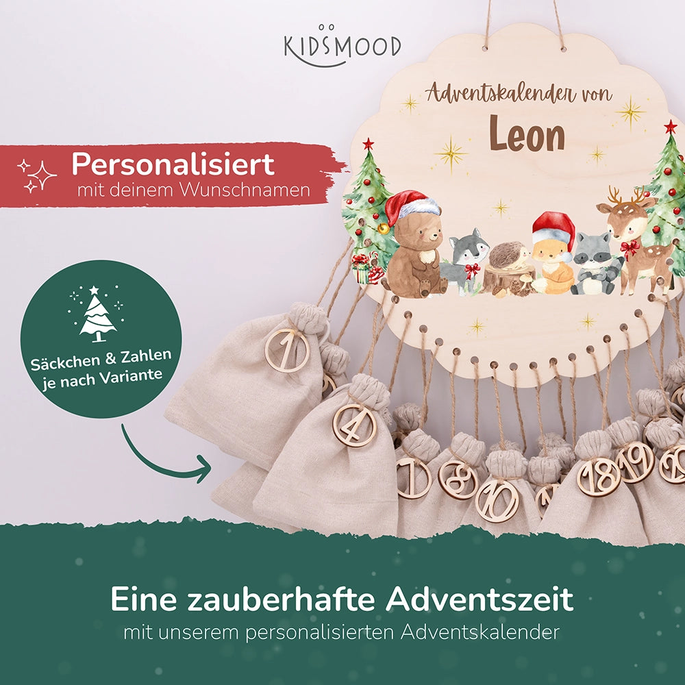 Personalisierter runder Adventskalender Kinder aus Holz - Winterwunderland