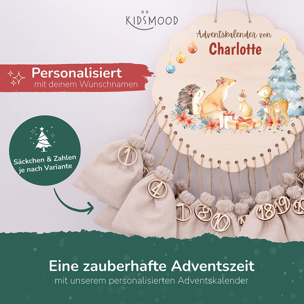 Personalisierter runder Adventskalender Kinder aus Holz - Winterwaldtiere