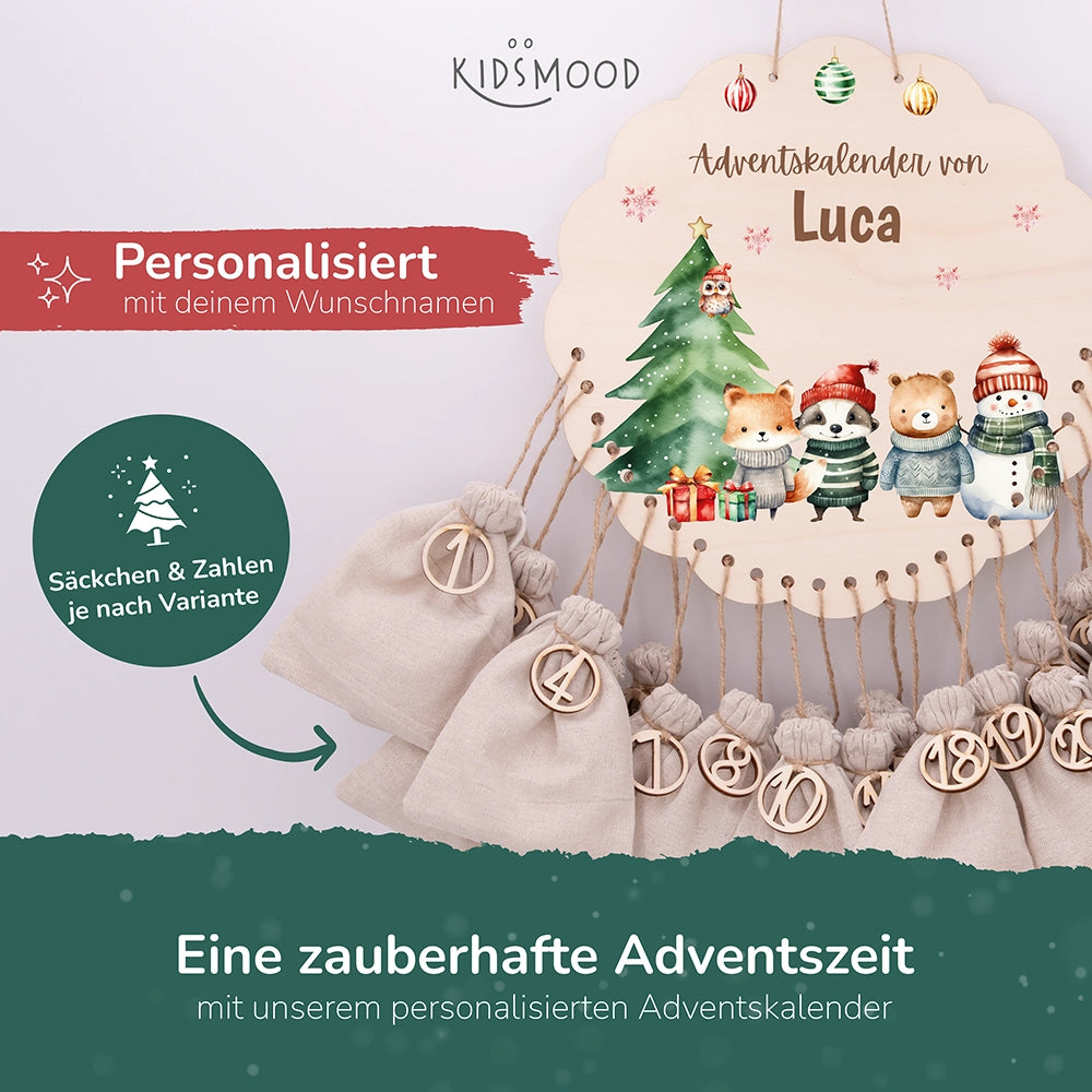Personalisierter runder Adventskalender Kinder aus Holz - Tierische Weihnachtsbande