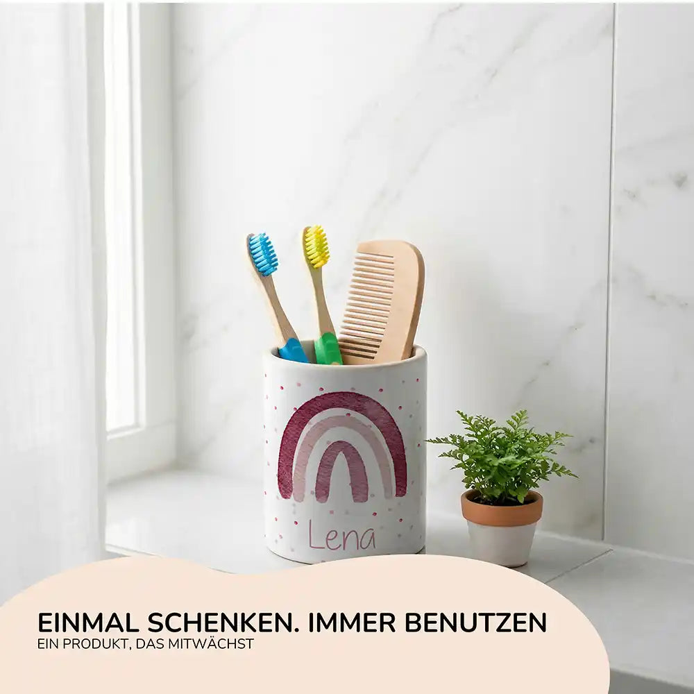 Personalisierter Stiftehalter Regenbogen Rosa - Geschenk zur Einschulung mit Namen