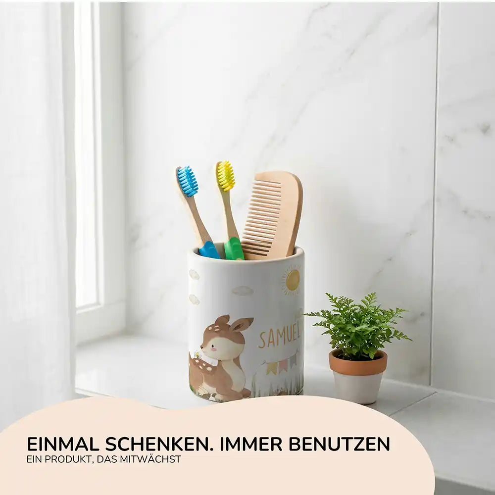 Personalisierter Stiftehalter Rehkitz Sonne - Geschenk zur Einschulung mit Namen
