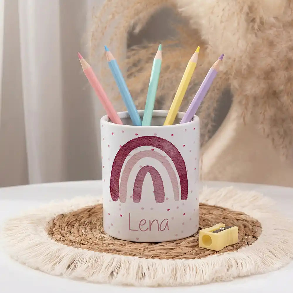 Personalisierter Stiftehalter Regenbogen Rosa - personalisiert mit Wunschname