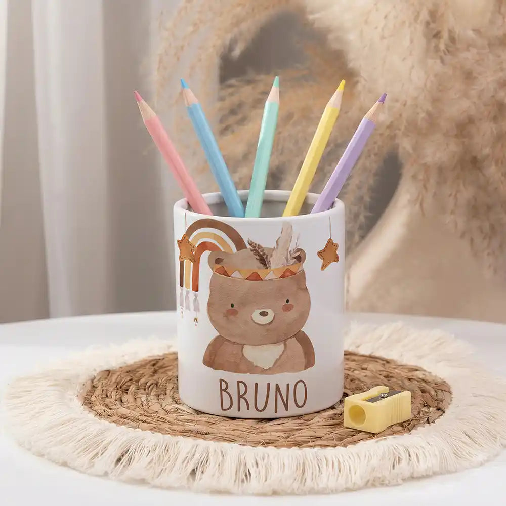 Personalisierter Stiftehalter Boho-BĂ€r - personalisiert mit Wunschname
