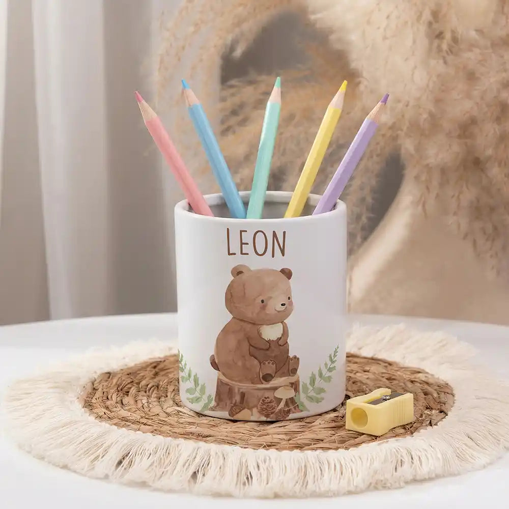 Personalisierter Stiftehalter BĂ€r Wald - personalisiert mit Wunschname
