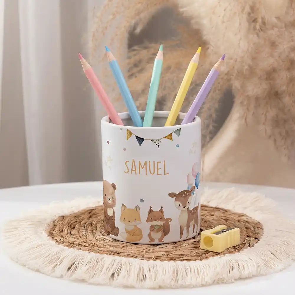 Personalisierter Stiftehalter Waldtiere Party - personalisiert mit Wunschname
