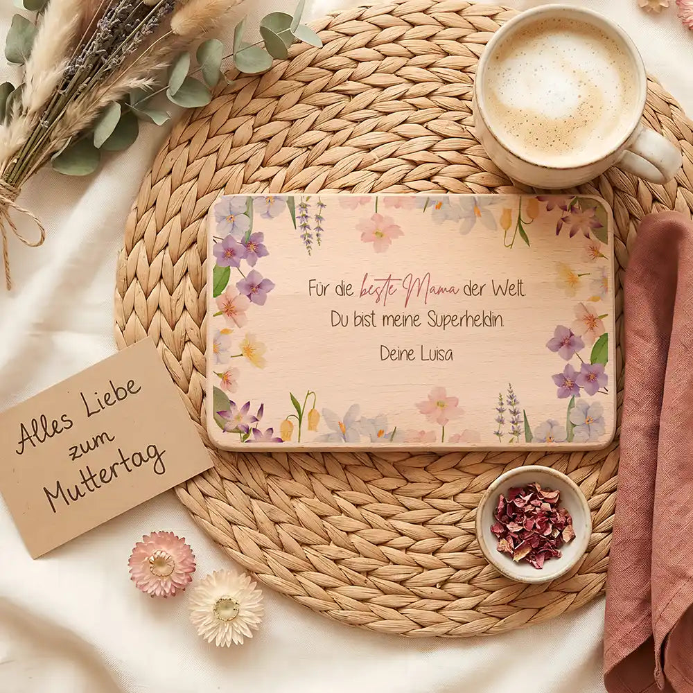 Personalisiertes Frühstücksbrettchen Muttertag Beste Mama Blütenstreuung – Geschenk-Komposition Boho-Flatlay