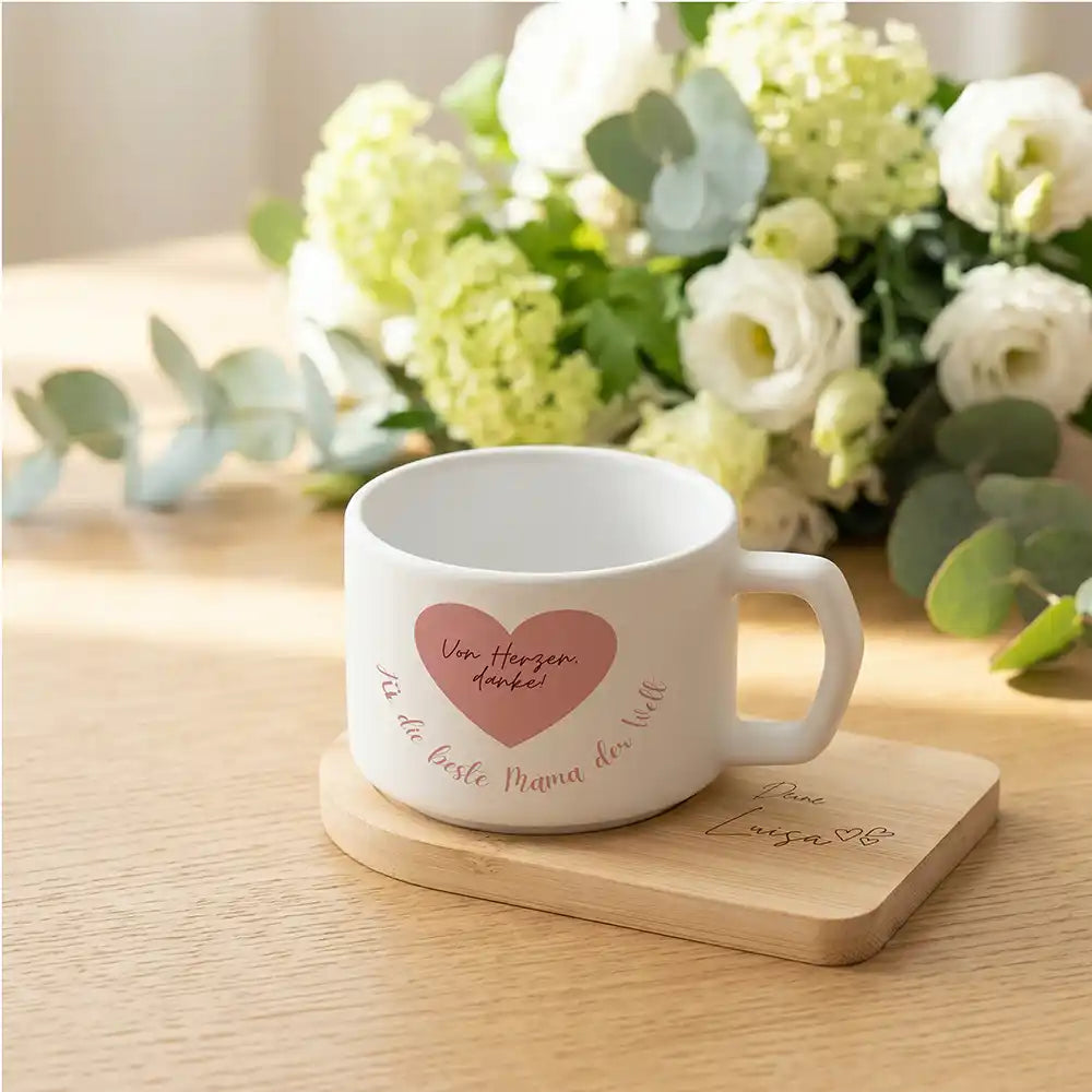 Personalisiertes Geschenk Mama â Keramikbecher Von Herzen danke â Rosa Herz mit Untersetzer