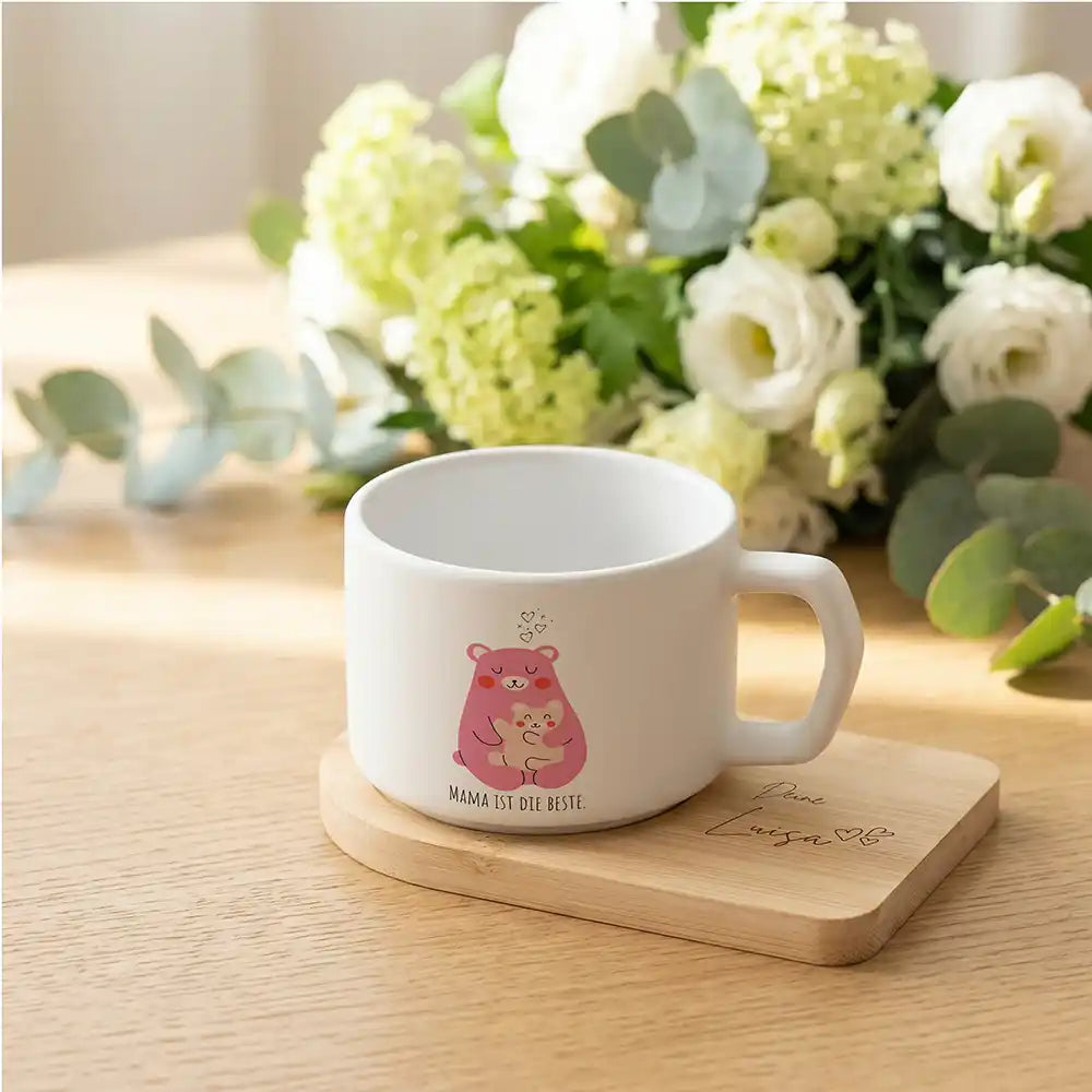 Personalisiertes Geschenk Mama â Keramikbecher BĂ€r Mama & Kind mit Untersetzer