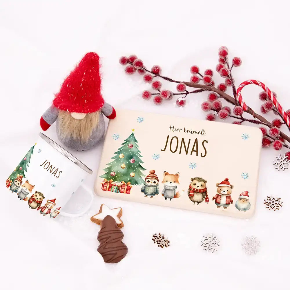 Weihnachts-Set Frühstücksbrettchen und Emaille Tasse - Fuchs & Häschen-Freunde