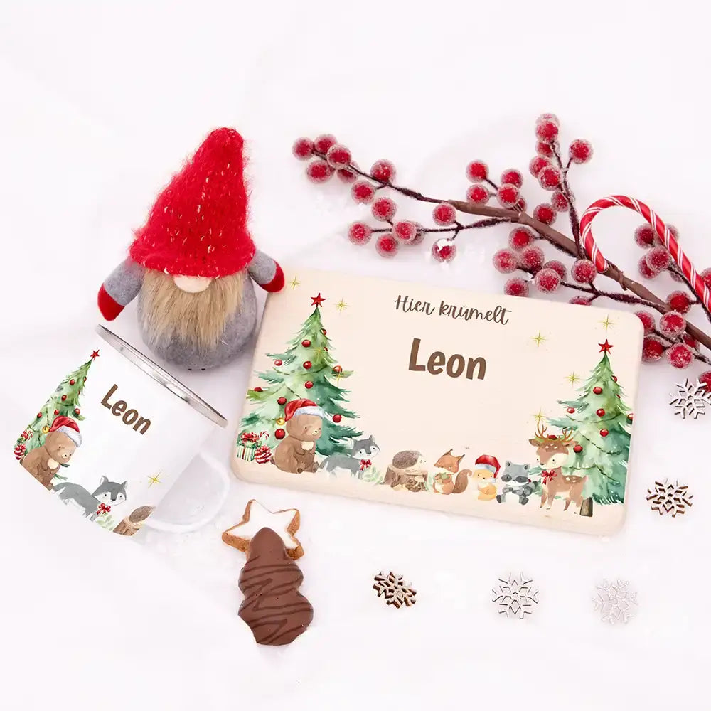 Weihnachts-Set Frühstücksbrettchen und Emaille Tasse - Niedliche Waldtiere