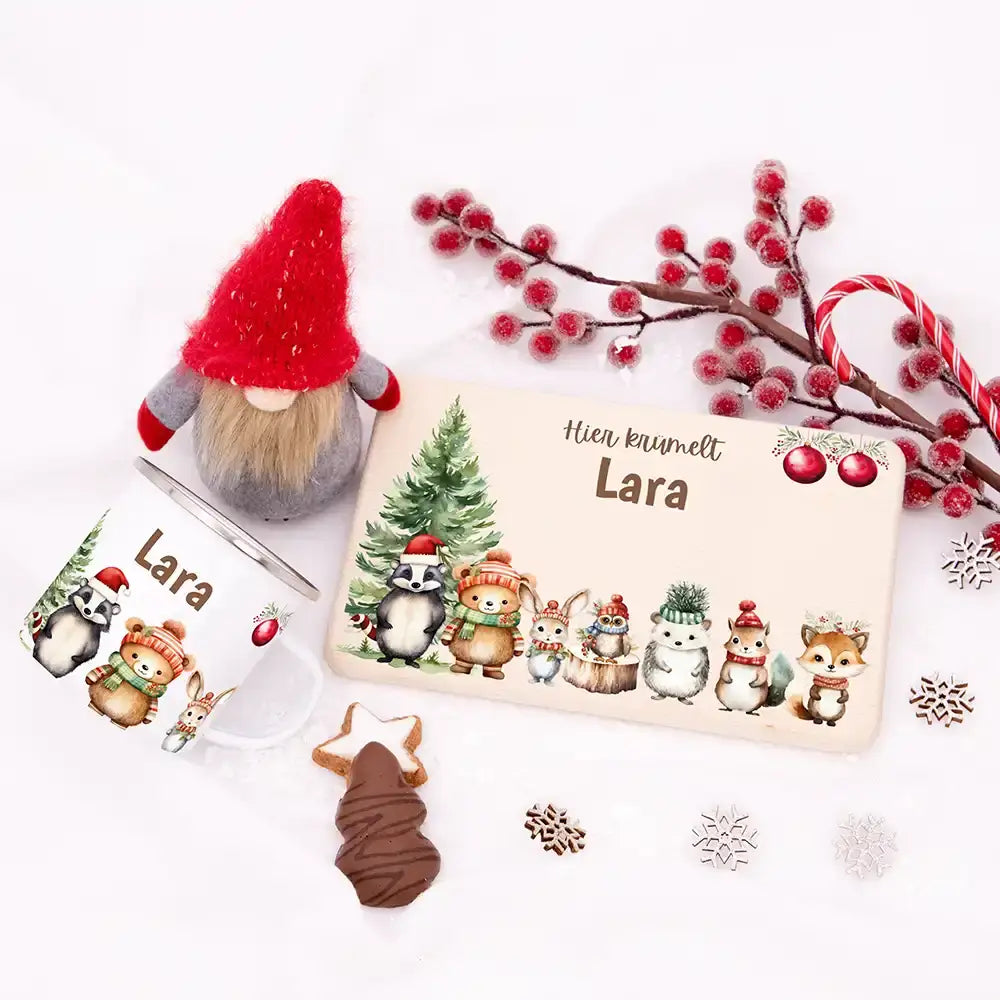 Weihnachts-Set Frühstücksbrettchen und Emaille Tasse - Niedliche Waldfreunde