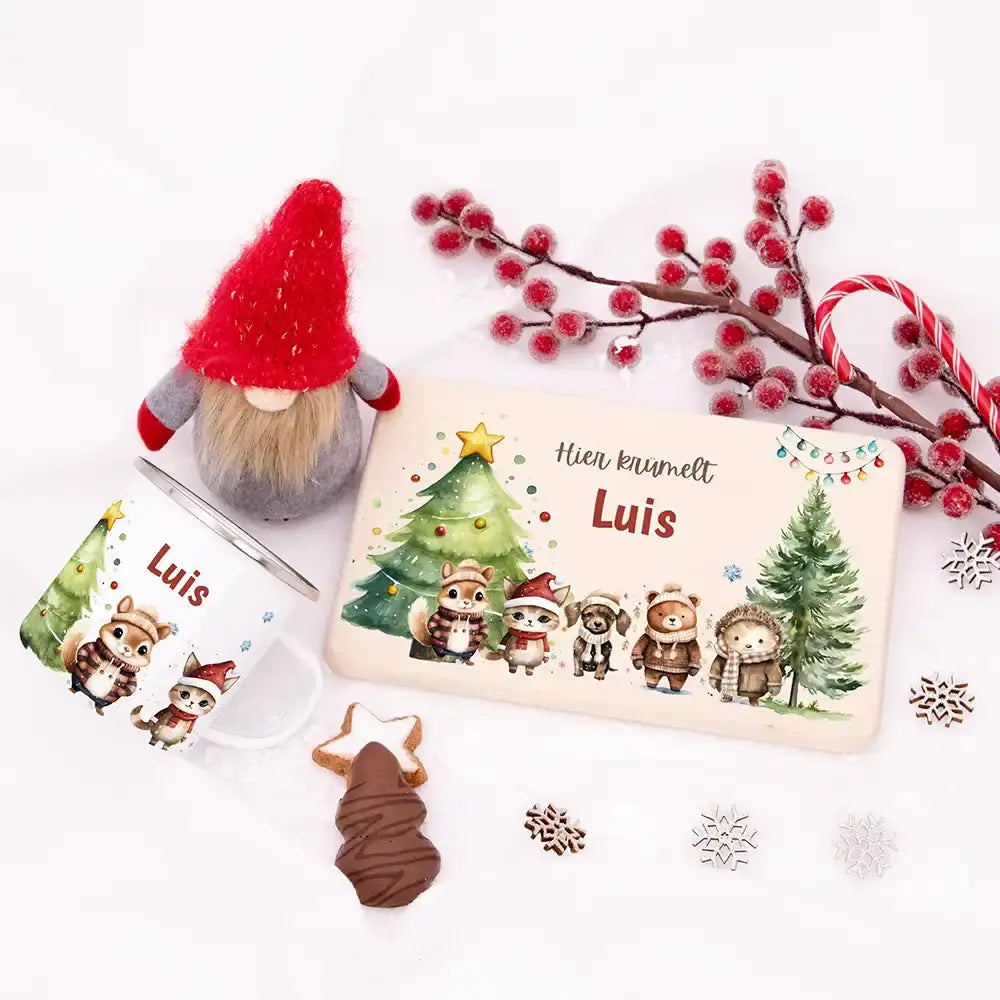 Weihnachts-Set Frühstücksbrettchen und Emaille Tasse - Schneeflocken-Bande