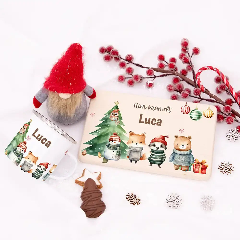 Weihnachts-Set Frühstücksbrettchen und Emaille Tasse - Kuscheltier-Abenteuer