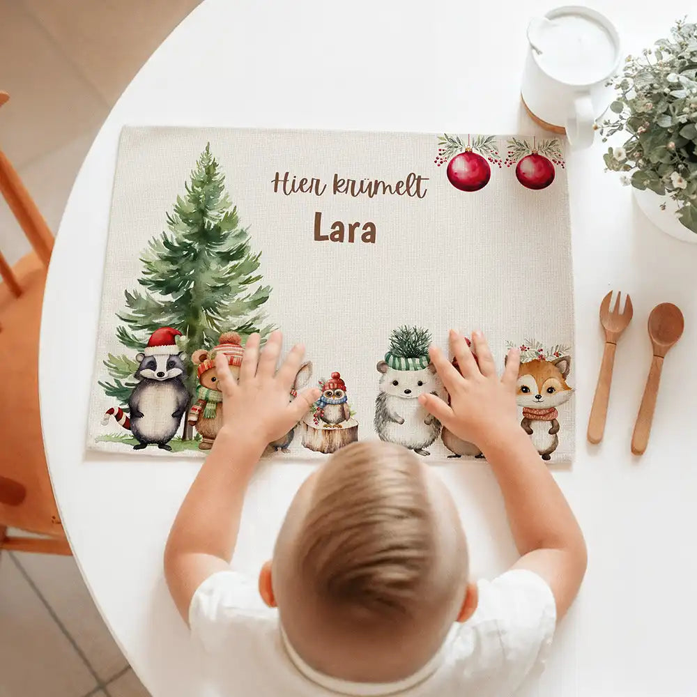 Tischset Kinder personalisiert Weihnachtsmotiv - GlĂĽckliche Tiergesellschaft