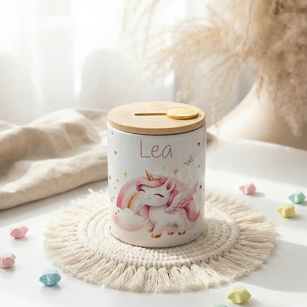 Personalisierte Spardose Einhorn Flügel – Keramik & Bambus mit Wunschname