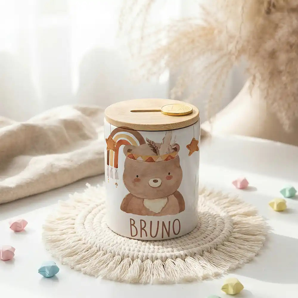 Personalisierte Spardose Boho-BĂ€r â Keramik & Bambus mit Wunschname