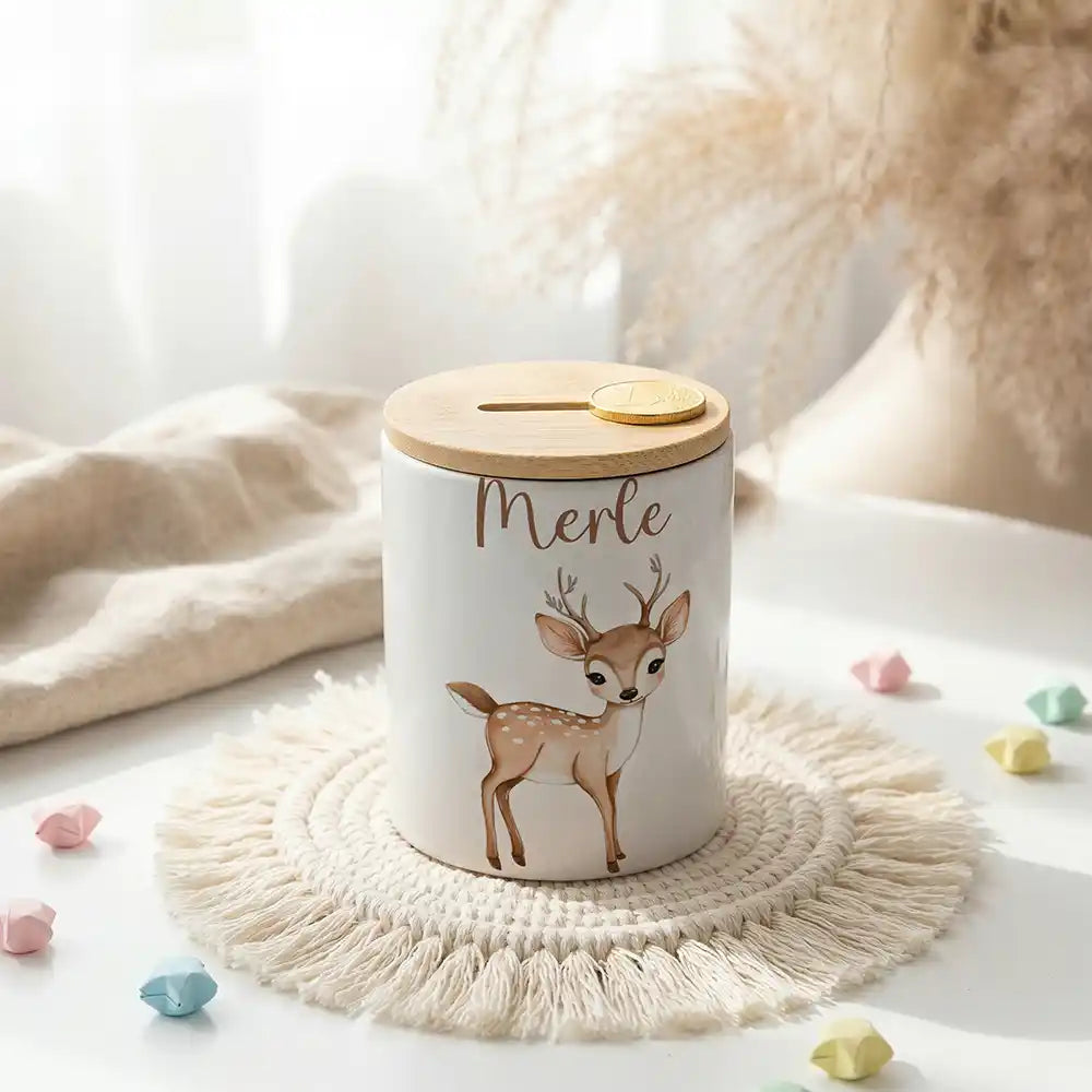 Personalisierte Spardose Rehkitz Bambi – Keramik & Bambus mit Wunschname