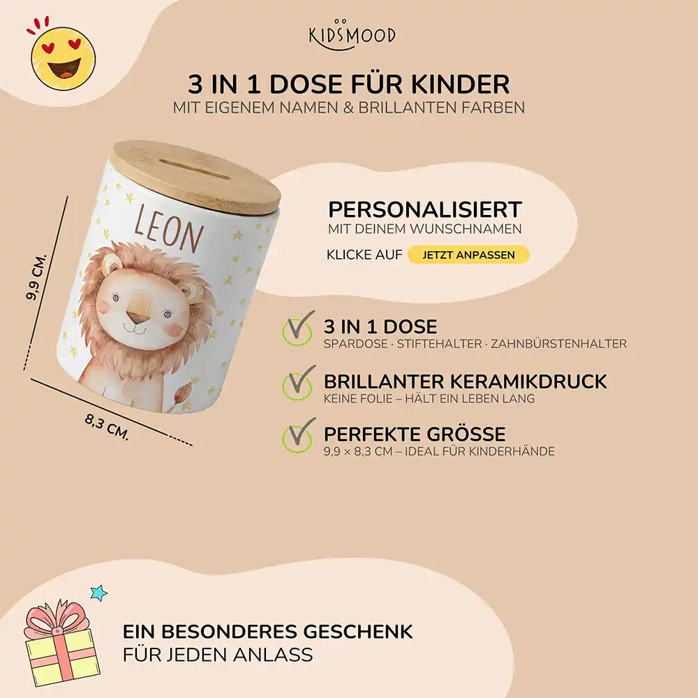 Personalisierte Spardose Löwe Sterne – Keramik & Bambus mit Wunschname