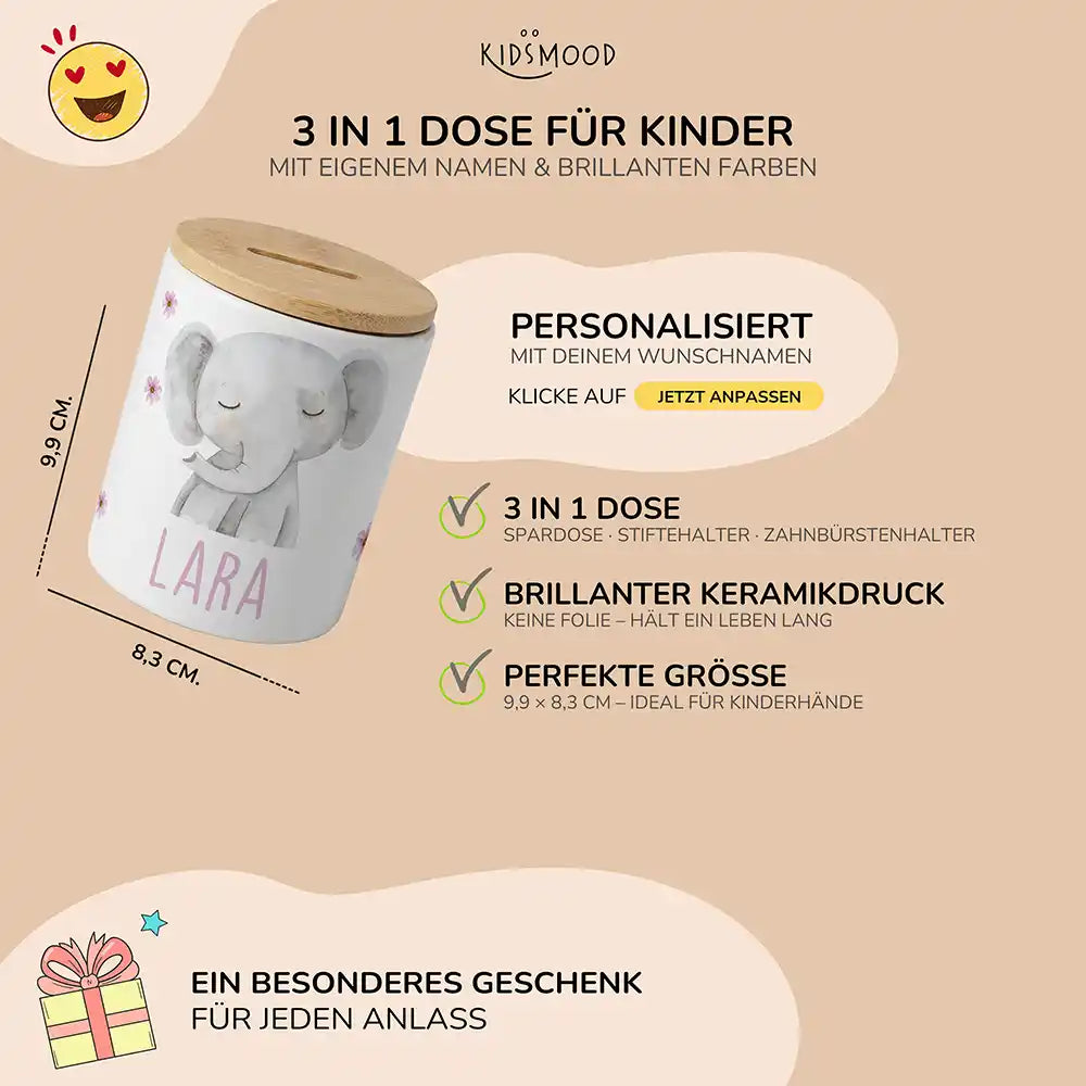 Personalisierte Spardose Elefant Blumen – Keramik & Bambus mit Wunschname