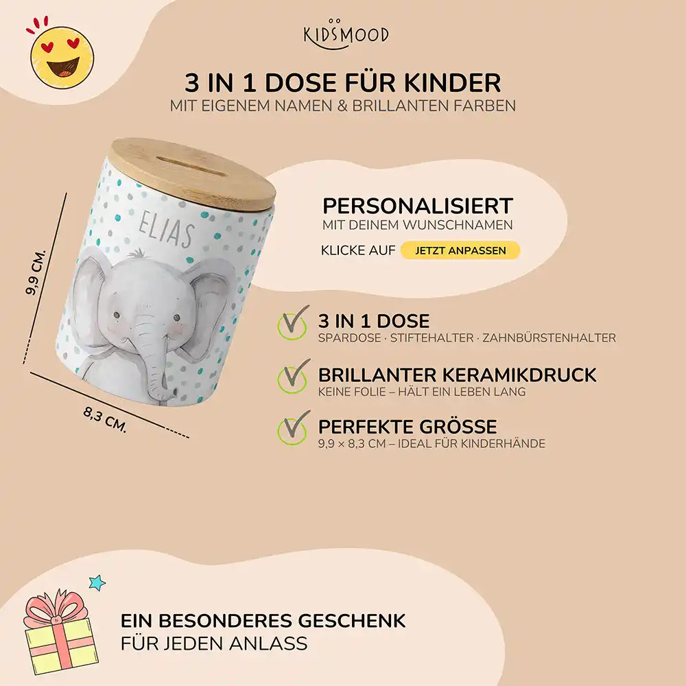 Personalisierte Spardose Elefant Konfetti – Keramik & Bambus mit Wunschname