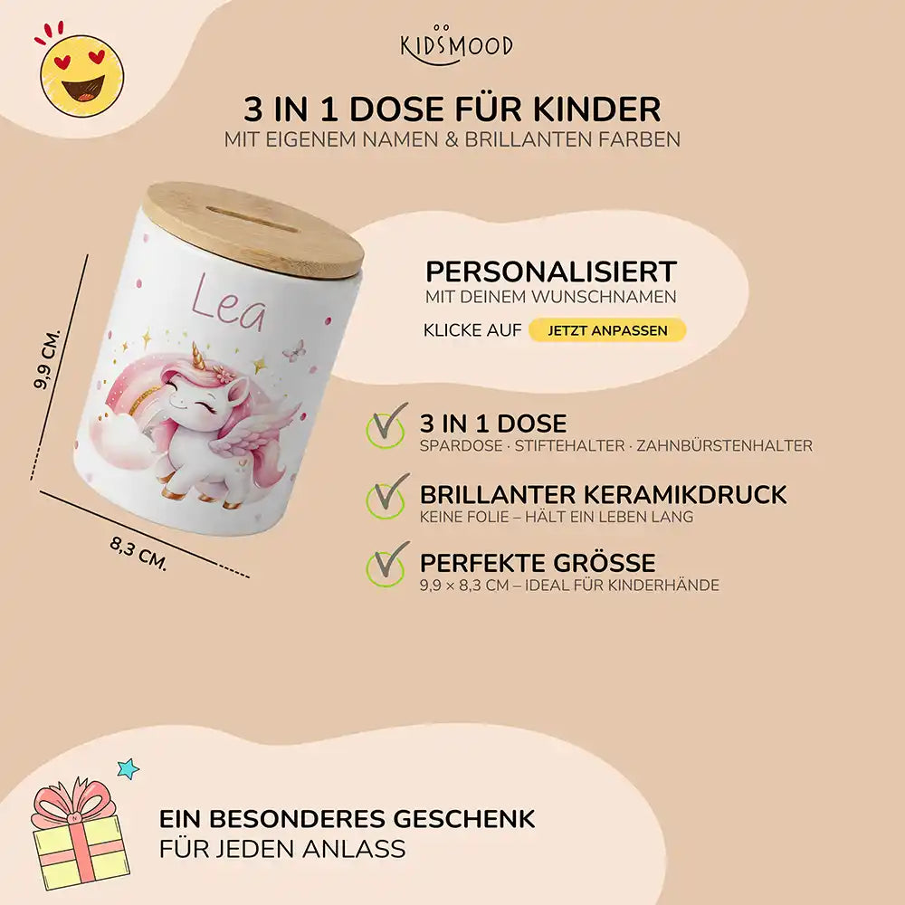 Personalisierte Spardose Einhorn Flügel – Keramik & Bambus mit Wunschname