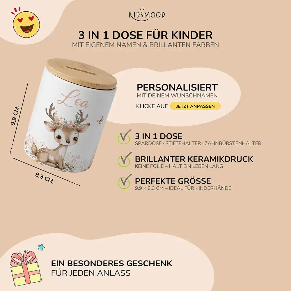 Personalisierte Spardose Reh Blumenkranz – Keramik & Bambus mit Wunschname
