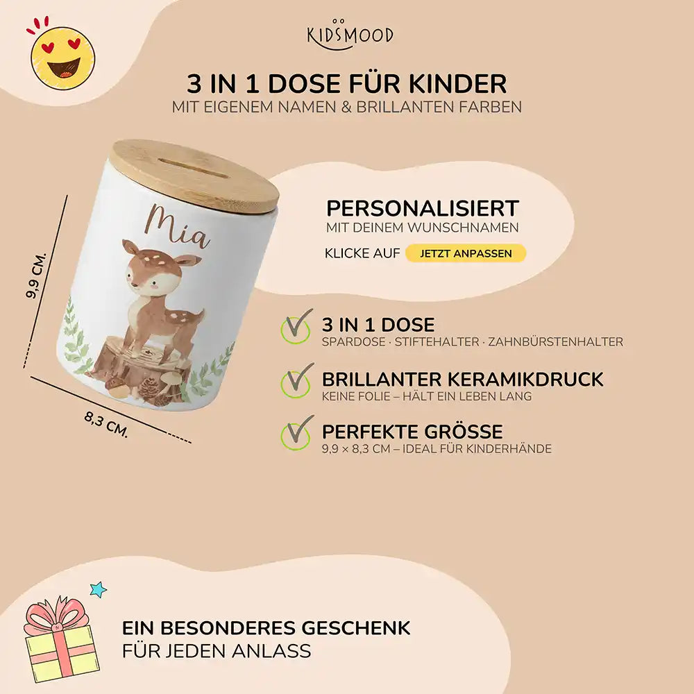 Personalisierte Spardose Rehkitz Wald – Keramik & Bambus mit Wunschname