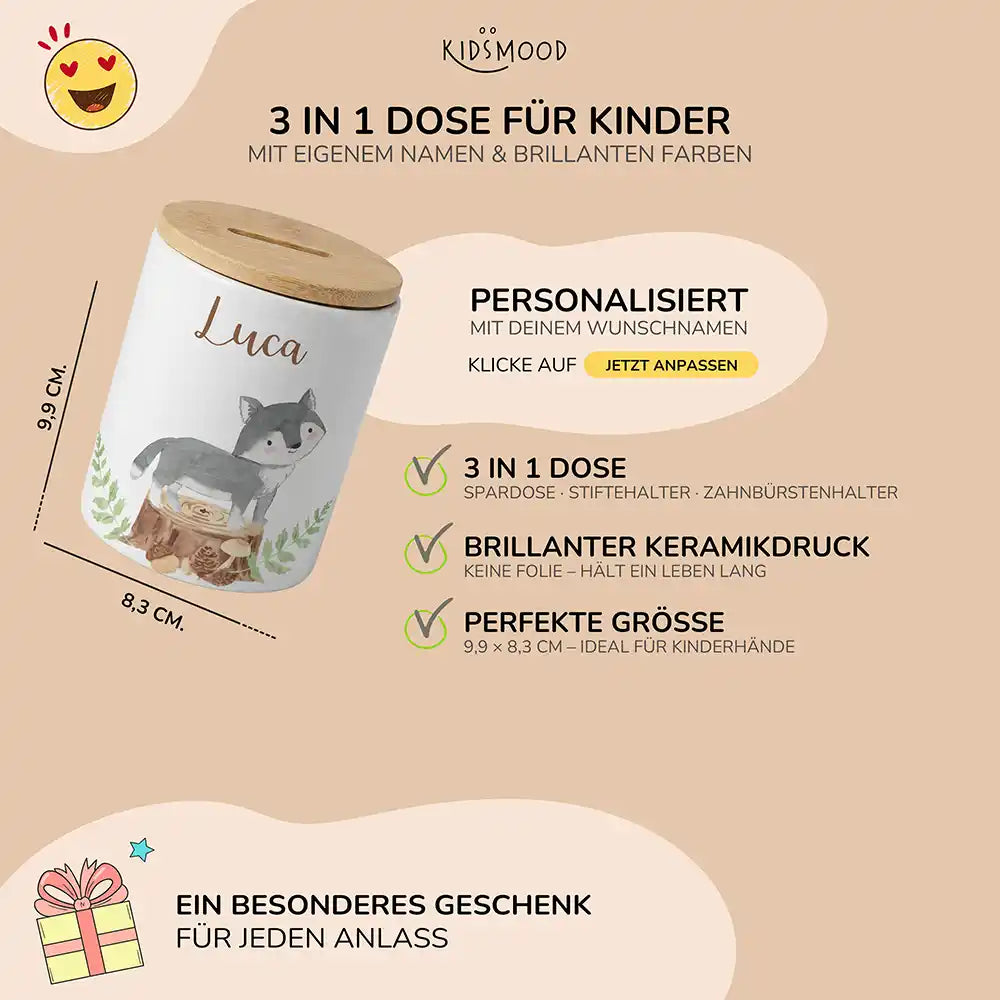 Personalisierte Spardose Wolf Wald – Keramik & Bambus mit Wunschname