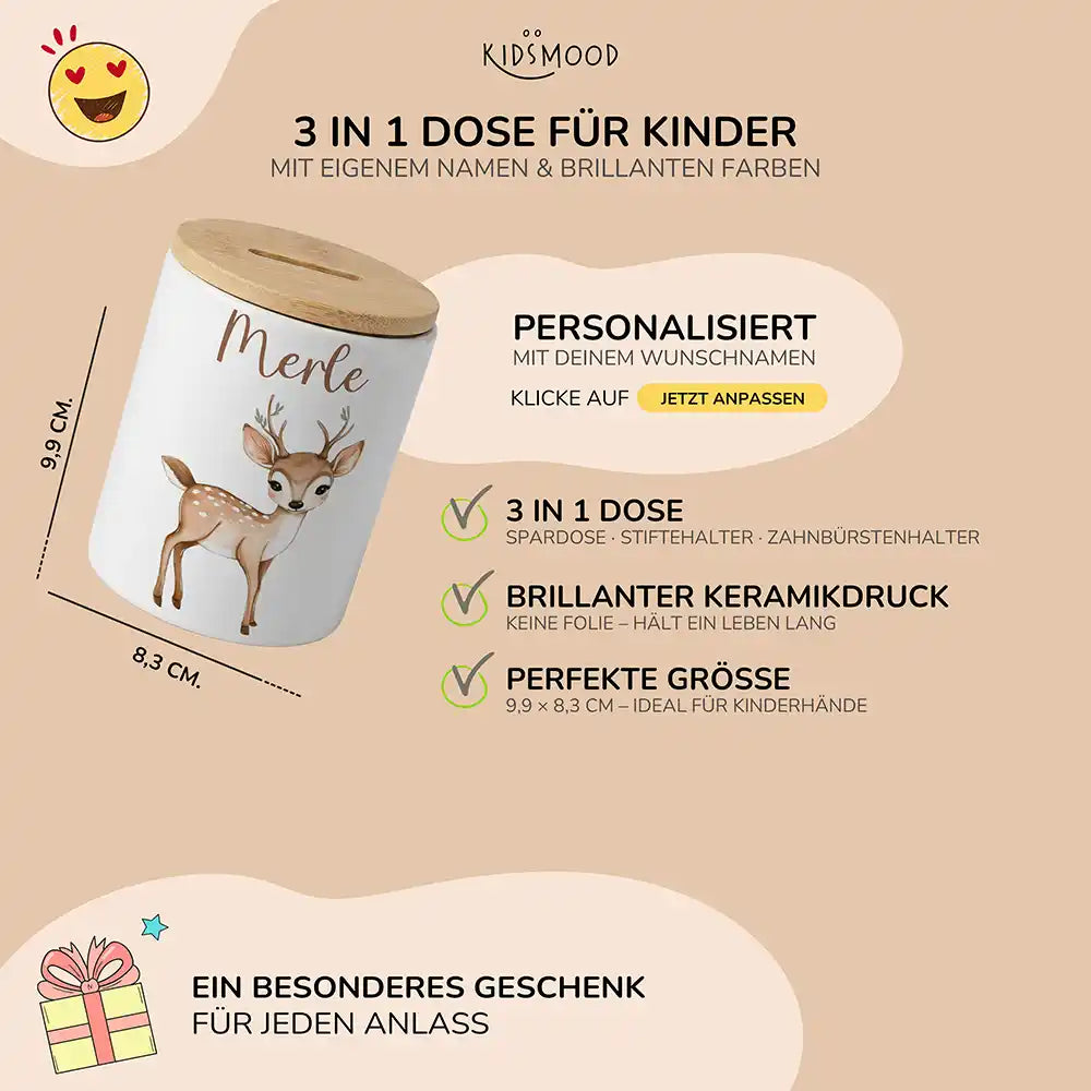 Personalisierte Spardose Rehkitz Bambi – Keramik & Bambus mit Wunschname