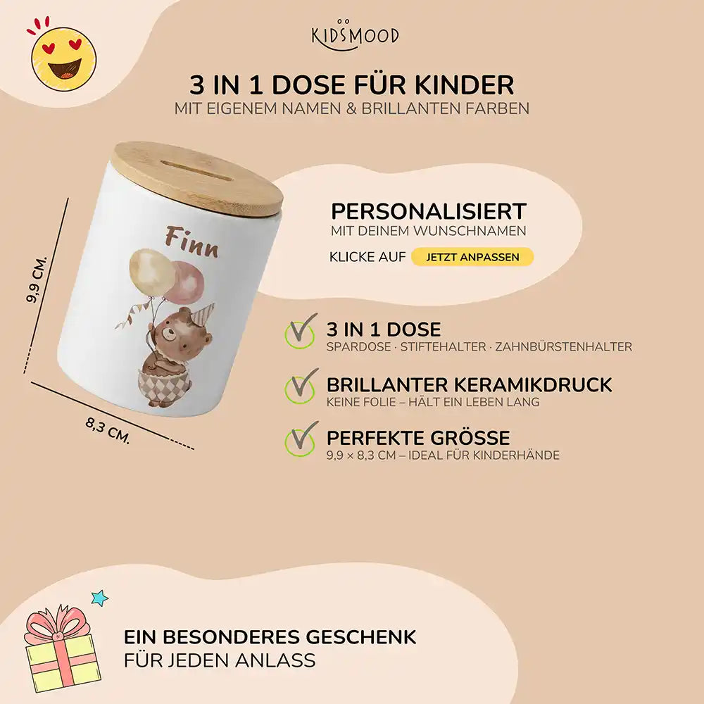 Personalisierte Spardose Bär Geburtstag â Keramik & Bambus mit Wunschname