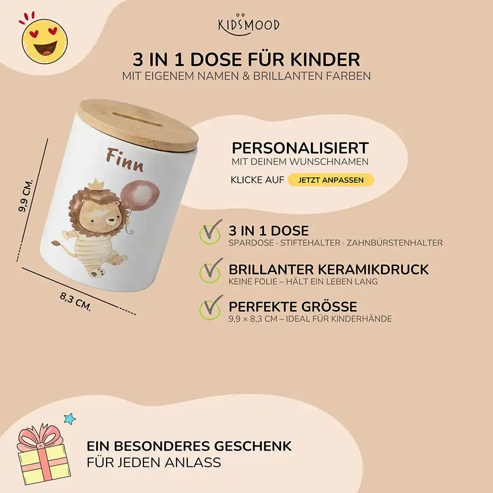 Personalisierte Spardose Löwe Geburtstag – Keramik & Bambus mit Wunschname