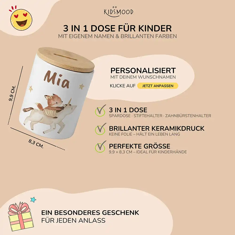 Personalisierte Spardose Fuchs & Einhorn – Keramik & Bambus mit Wunschname